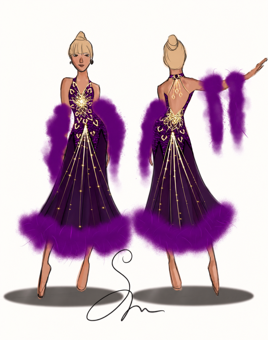 Handcrafted front and back sketch of a purple ballroom dress