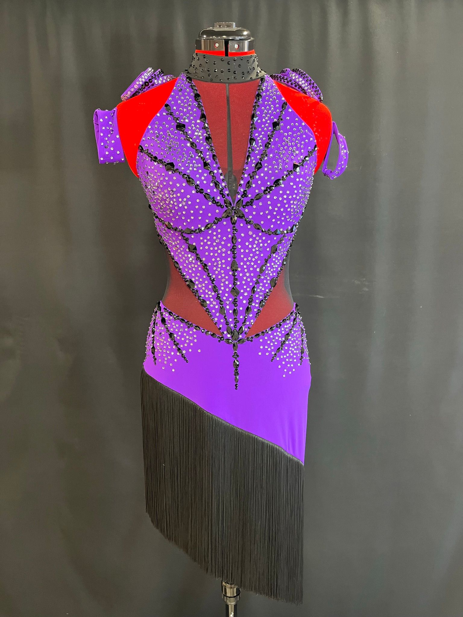 Purple and black fringe Latin dress — custom made by Star Dance