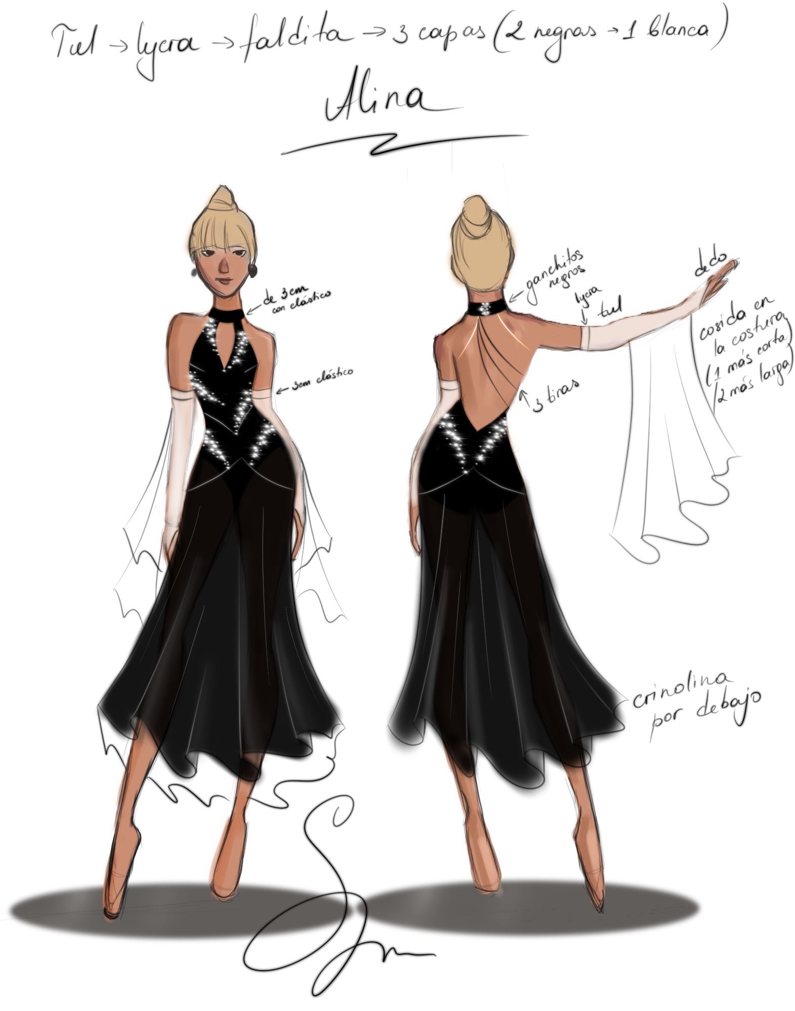 Front and back sketch of a black custom ballroom dress