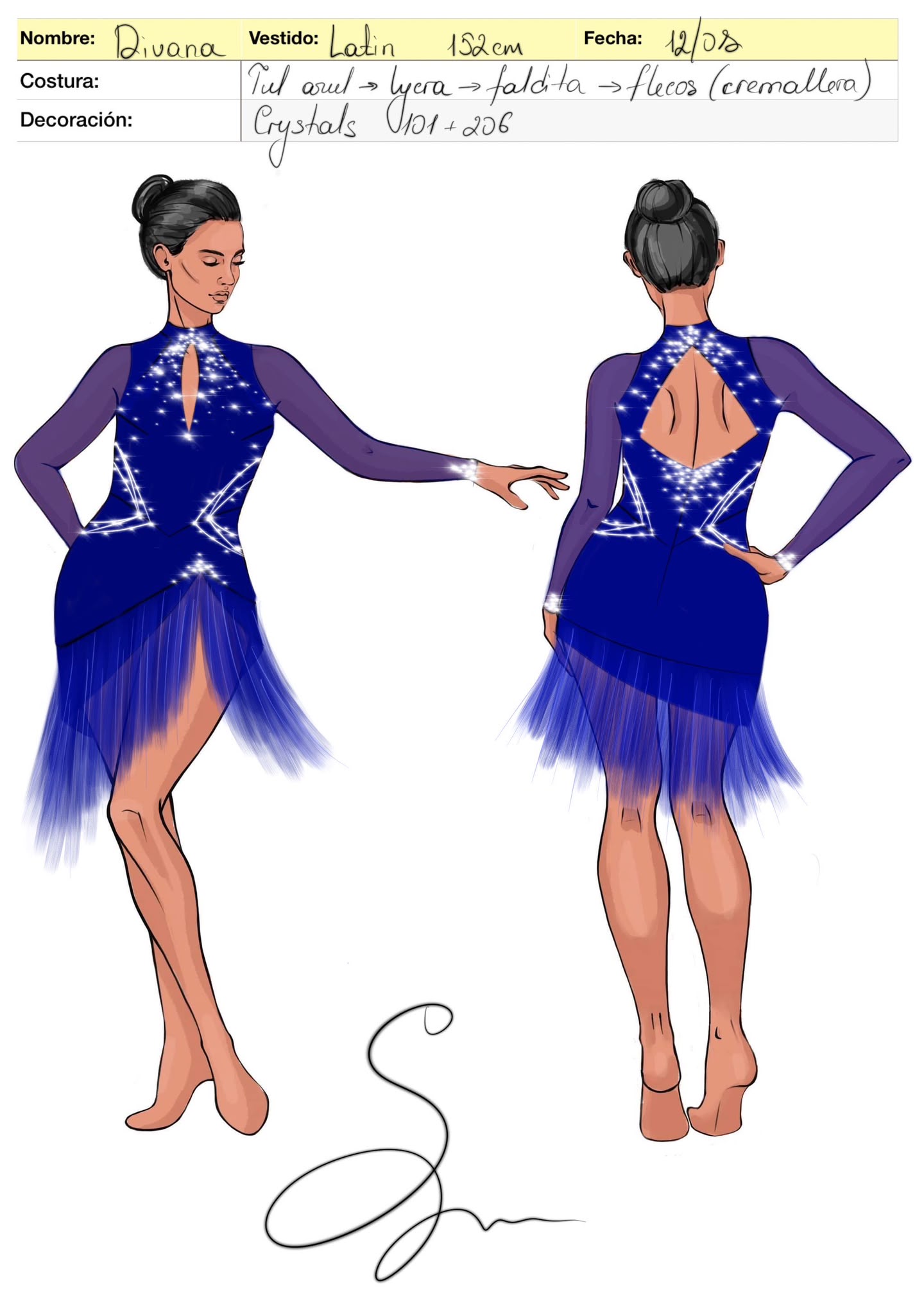 Front and back sketch of a blue custom Latin dress