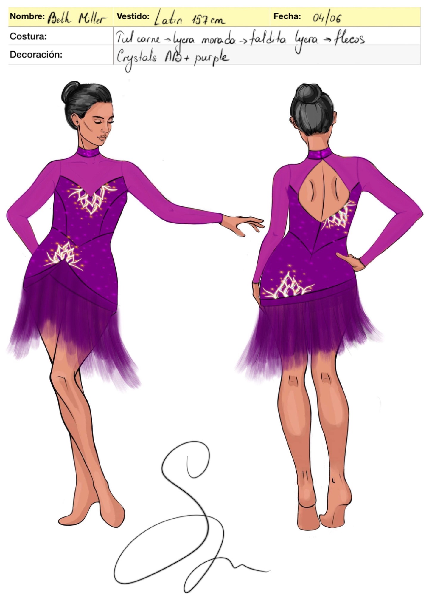 Front and back sketch of a purple custom Latin dress