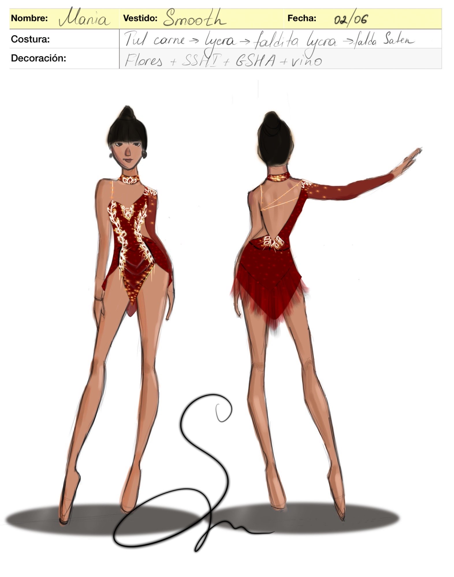 Front and back sketch of a red custom Smooth dress