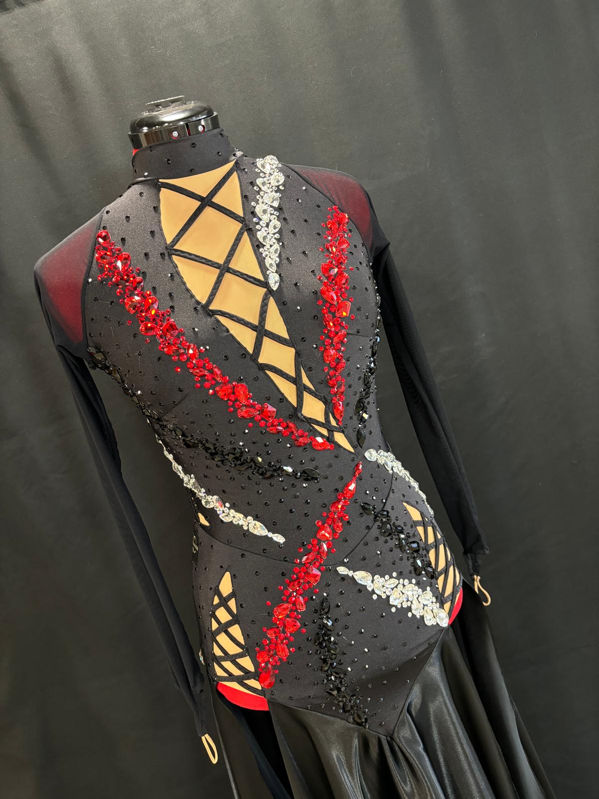 Black and red crystal American Smooth dress — custom made by Star Dance