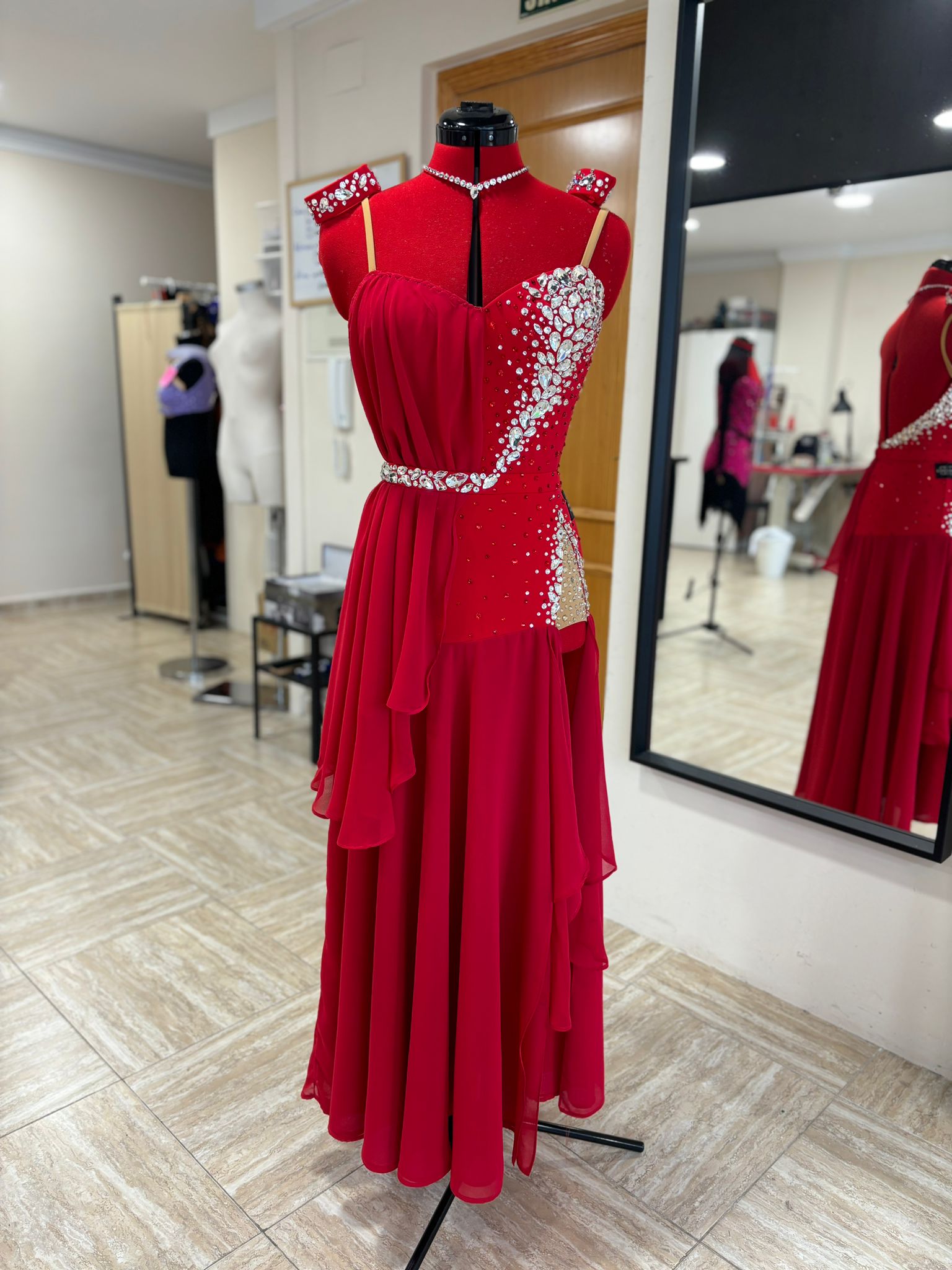 Red chiffon American Smooth dress — custom made by Star Dance