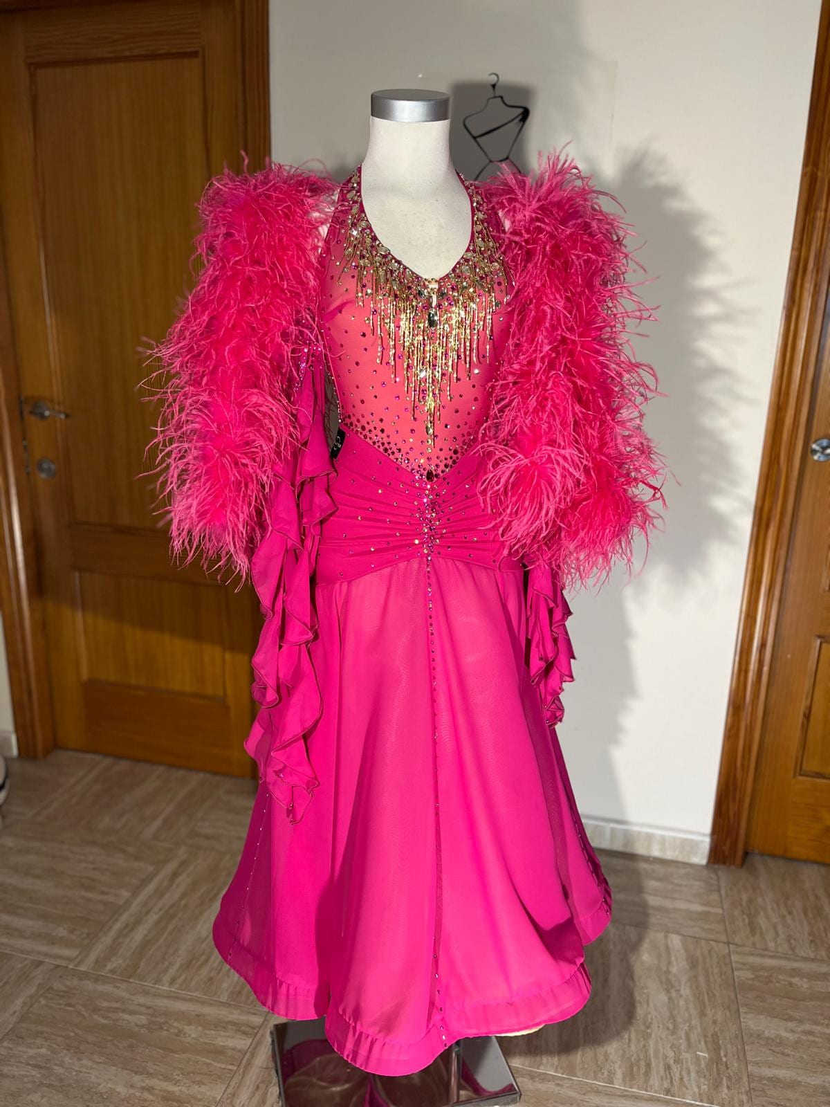 Pink feather International Standard dress — custom made by Star Dance